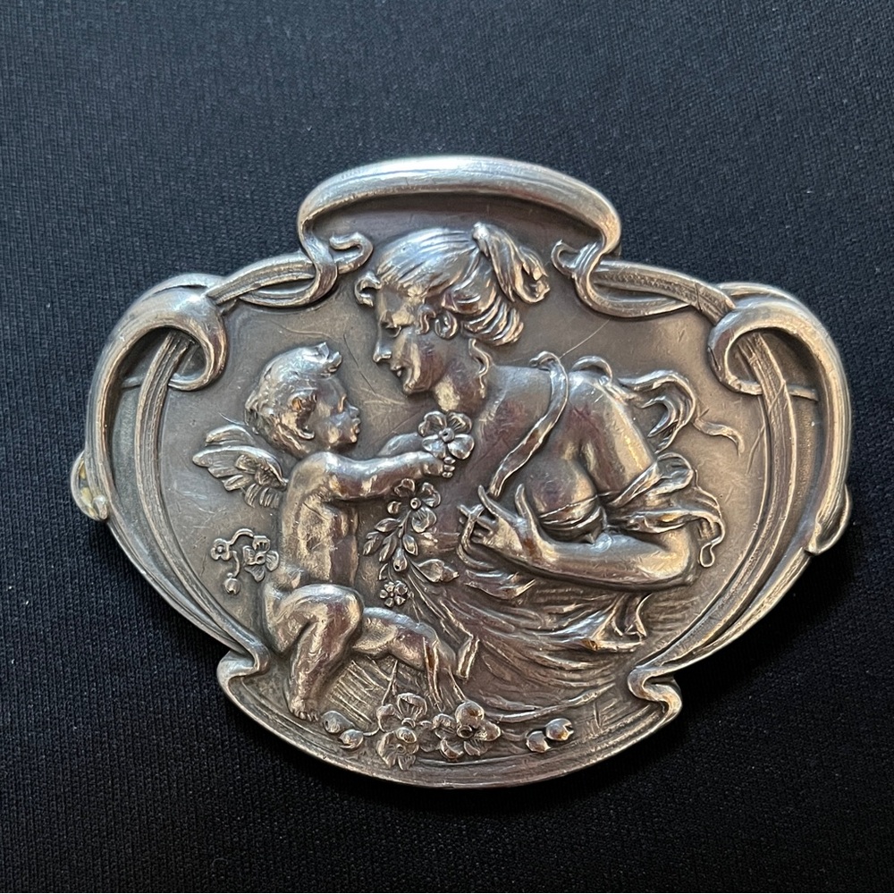 Antique FN & Co. Silver Cherub and Woman Brooch Pin